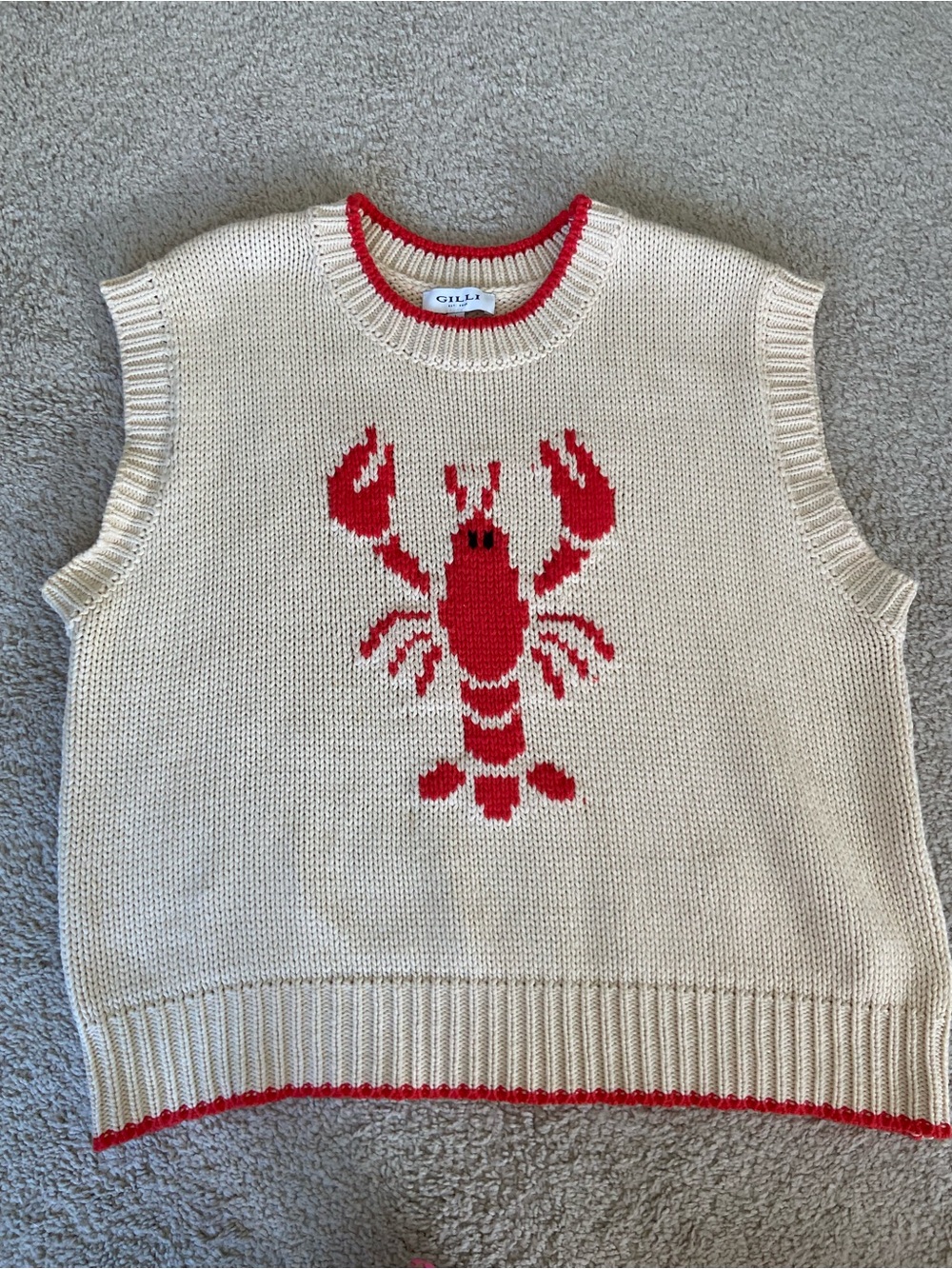 Unique vintage gilli Cream Knit Crewneck tank Vest with Red Lobster Motif
